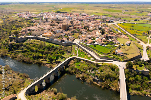 Aerial view of town of Ledesma and Tormes river in province of Salamanca, western Spain photo