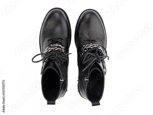 black leather jodhpur boots isolated on white background. Top view. Fashion shoes. Photoshoot for shoe shop concept.