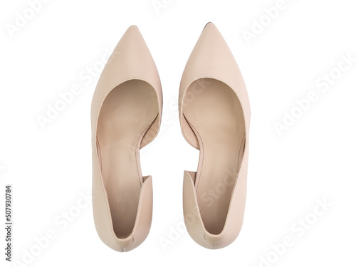 Obraz na płótnie Classic and elegant high-heeled women shoes. Isolated object close up on white background. Top view. Fashion shoes. w salonie