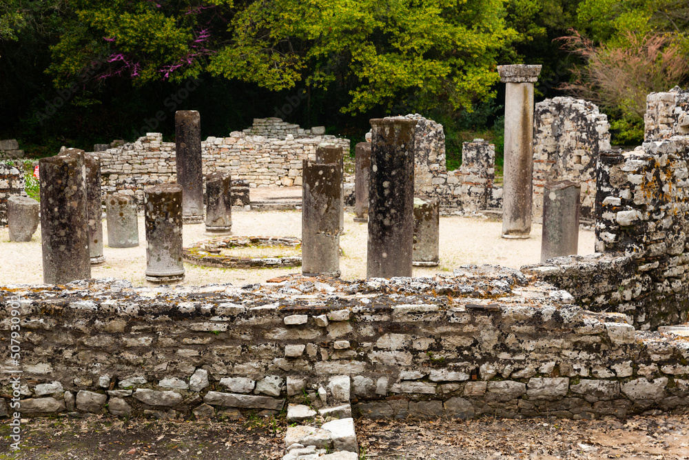Ruins of Butrint Baptistery in Albania. View of stone columns and walls.