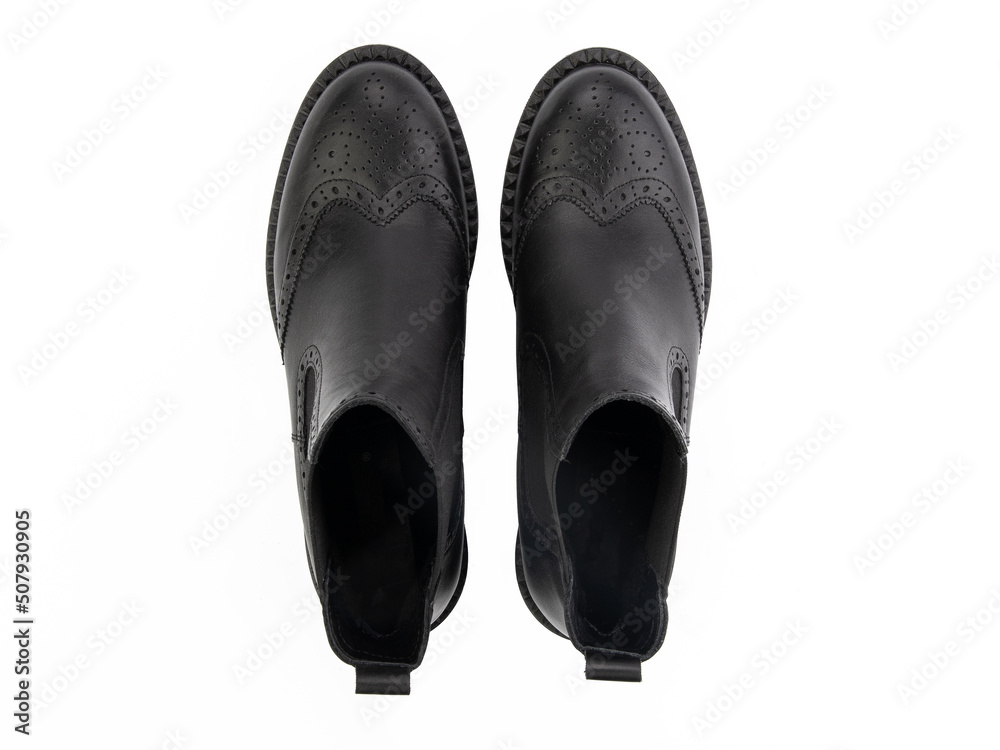 black leather jodhpur boots isolated on white background. Top view. Fashion shoes. Photoshoot for shoe shop concept.