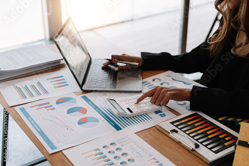 Close up view of bookkeeper or financial inspector hands making report, calculating or checking balance. Home finances, investment, economy, saving money or insurance concept