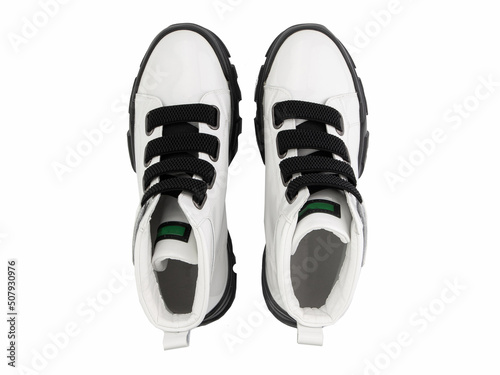 classic sneakers with laces. Casual style. Isolated close-up on white background. Top view. Fashion shoes