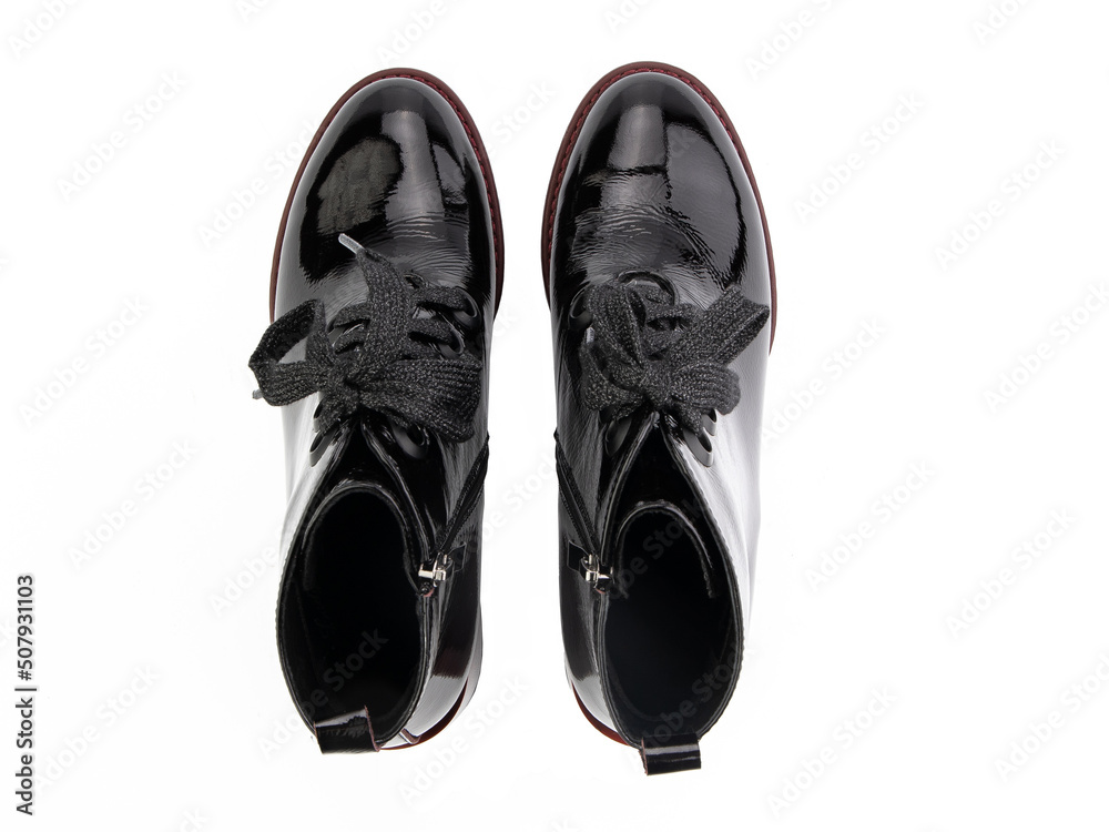 black leather jodhpur boots isolated on white background. Top view. Fashion shoes. Photoshoot for shoe shop concept.