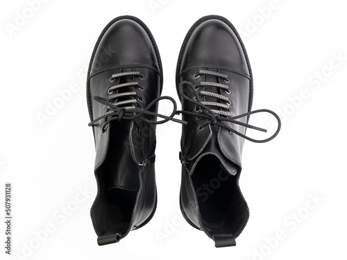 black leather jodhpur boots isolated on white background. Top view. Fashion shoes. Photoshoot for shoe shop concept.