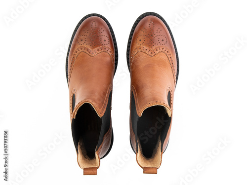 Obraz na płótnie jodhpur boots isolated on white background. Top view. Fashion shoes. Photoshoot for shoe shop concept. w salonie