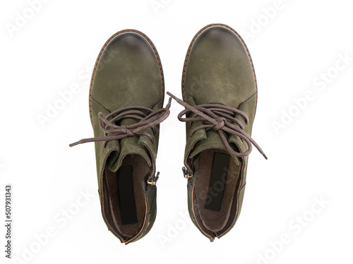 Obraz na płótnie jodhpur boots isolated on white background. Top view. Fashion shoes. Photoshoot for shoe shop concept. w salonie