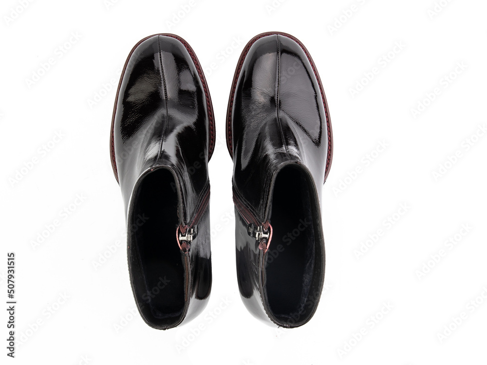 black leather jodhpur boots isolated on white background. Top view. Fashion shoes. Photoshoot for shoe shop concept.