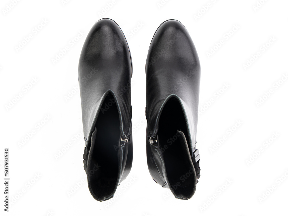 black leather jodhpur boots isolated on white background. Top view. Fashion shoes. Photoshoot for shoe shop concept.