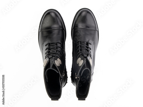 Obraz na płótnie black leather jodhpur boots isolated on white background. Top view. Fashion shoes. Photoshoot for shoe shop concept. w salonie