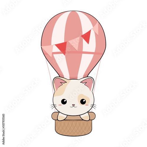 Mały rudy kotek w balonie. Ręcznie rysowana ilustracja. Słodki zabawny zwierzak.