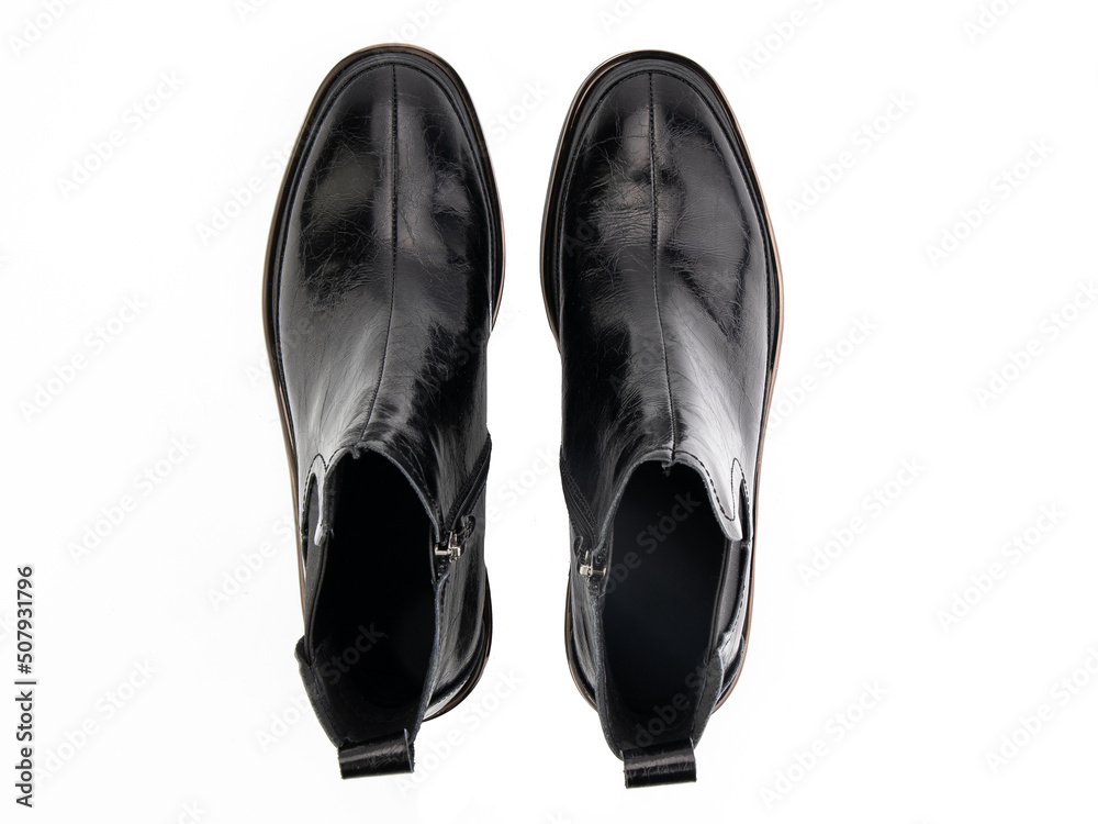 black leather jodhpur boots isolated on white background. Top view. Fashion shoes. Photoshoot for shoe shop concept.