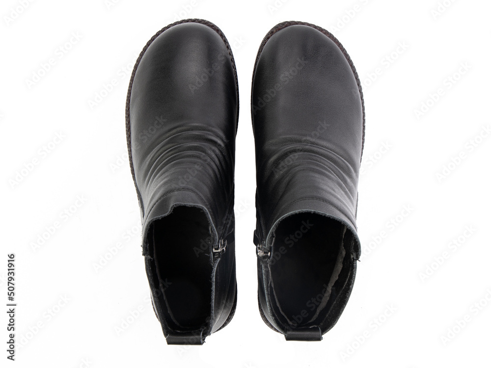 black leather jodhpur boots isolated on white background. Top view. Fashion shoes. Photoshoot for shoe shop concept.