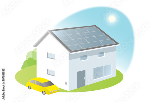 太陽光発電のため、ソーラーパネルをを屋根に設置した家
