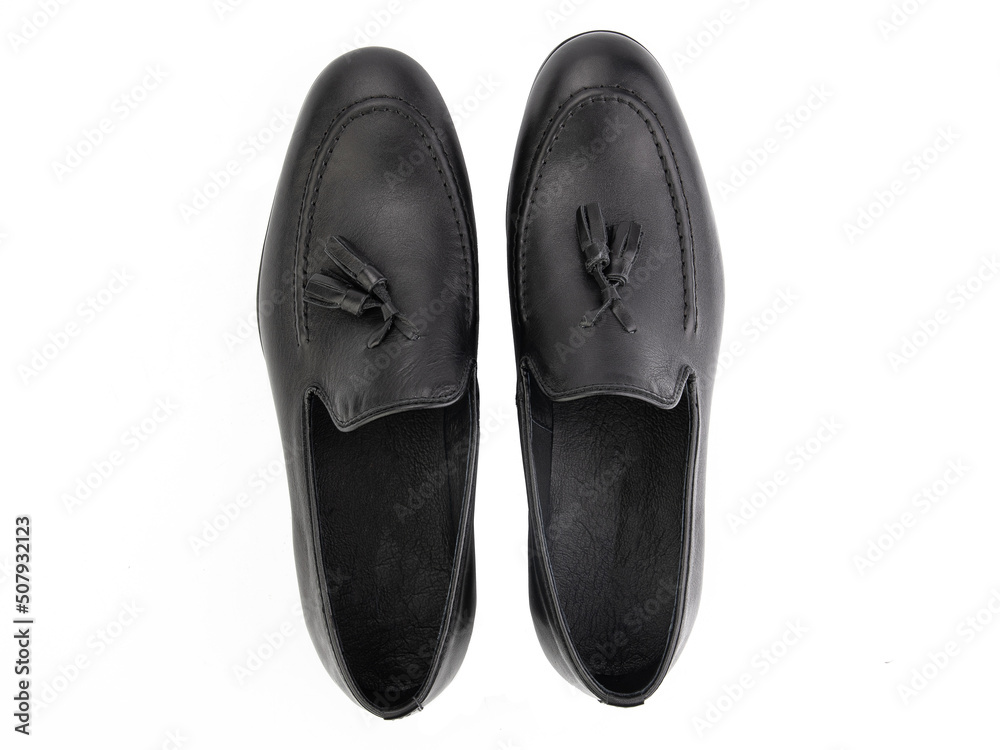 Vintage Loafer Shoes. Closeup. Advertising shot. Concept closeup shoes. Isolated object close up on white background. Top view.