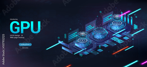 Video Graphics Card - GPU for mining cryptocurrency or gaming. Video card with two cooling coolers, and a futuristic interface HUD. Mining crypto currency, gaming, ray tracing, rendering. GPU Vector