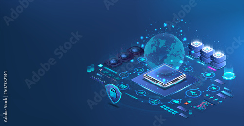 Modern Worldwide Network Technology. Earth Globe hologram and internet connection. Remote control around the world - IoT, blockchain, social media, blockchain networks. Telecommunication Earth Globe