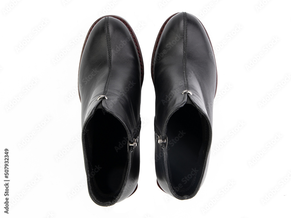 black leather jodhpur boots isolated on white background. Top view. Fashion shoes. Photoshoot for shoe shop concept.