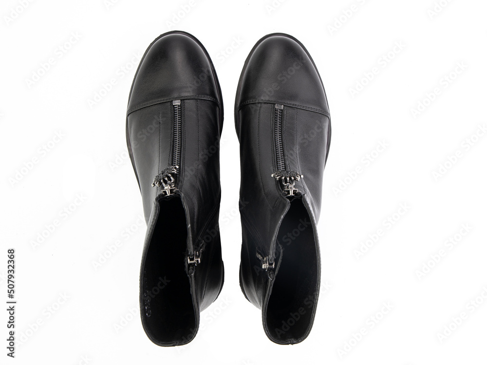 black leather jodhpur boots isolated on white background. Top view. Fashion shoes. Photoshoot for shoe shop concept.