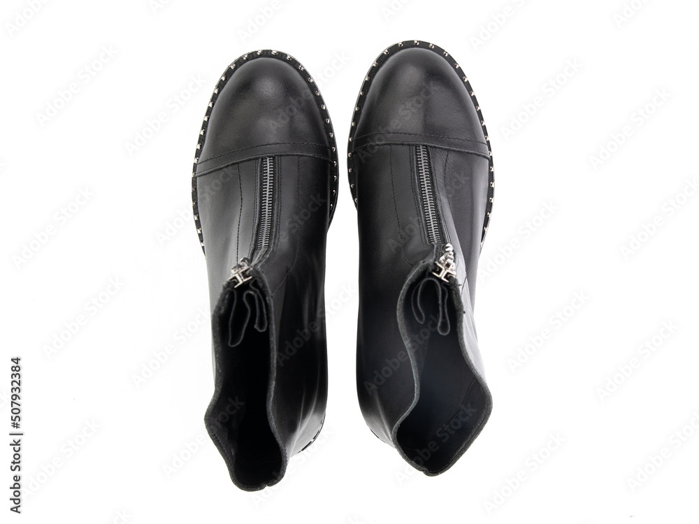 black leather jodhpur boots isolated on white background. Top view. Fashion shoes. Photoshoot for shoe shop concept.
