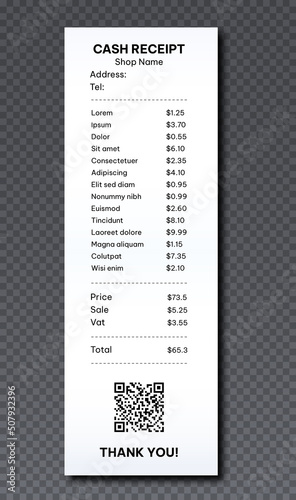 Realistic cash receipt. Bill from store, shopping, daily household chores and routine. Calculation of expenses of buyer at checkout in market or shop. Item Discount. Isometric vector illustration