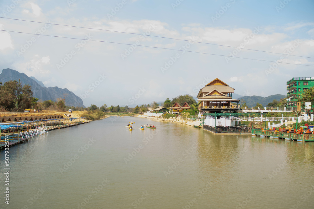 A beautiful panoramic view of Vang Vieng, Laos.