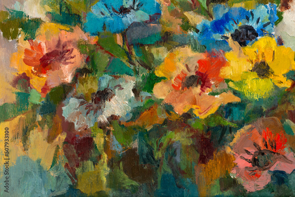 Close up of an impressionist style oil painting depicting a bouquet of pastel colored flowers.
