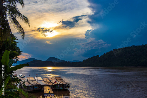 Sunset at panorama landscape Mekong river and Luang Prabang Laos.
