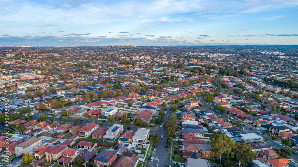 Aerial drone photo of a residential neighbourhood in Sydney Australia