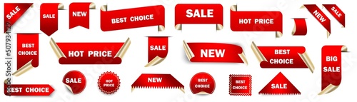 Modern set with red sale banners. Sale offer price sign. Price tag. Discount banner design. Vector illustration. Stock image.
