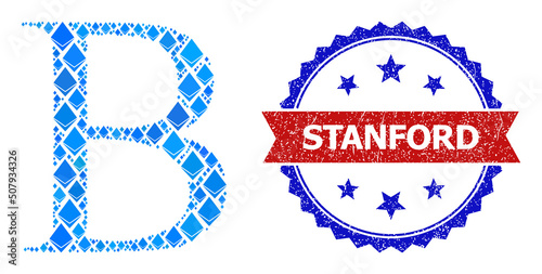 Blue crystal mosaic Beta Greek letter icon, and bicolor scratched Stanford seal. Brilliant related elements are grouped into abstract mosaic Beta Greek letter icon.