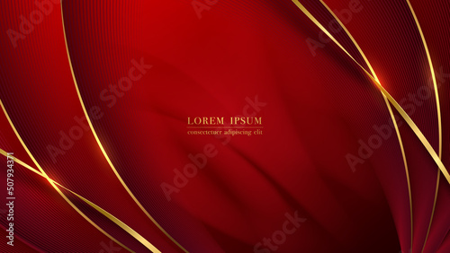 Abstract red background with luxury golden curve line and gold ribbon