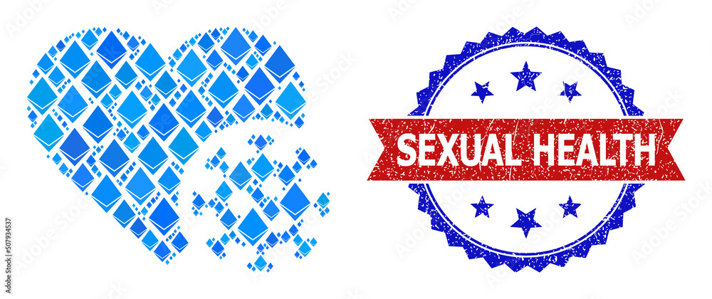 Blue gem mosaic heart infection icon, and bicolor grunge Sexual Health seal stamp. Brilliant related elements are arranged into abstract mosaic heart infection icon.