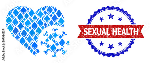 Blue gem mosaic heart infection icon, and bicolor grunge Sexual Health seal stamp. Brilliant related elements are arranged into abstract mosaic heart infection icon.
