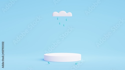 White cylinder podium product display with rain and cloud on the sky.3D rendering illustration.