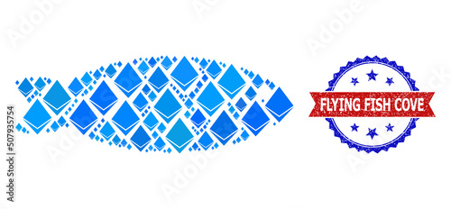 Blue jevel collage fish icon, and bicolor grunge Flying Fish Cove seal stamp. Brilliant related items are united into abstract collage fish icon.