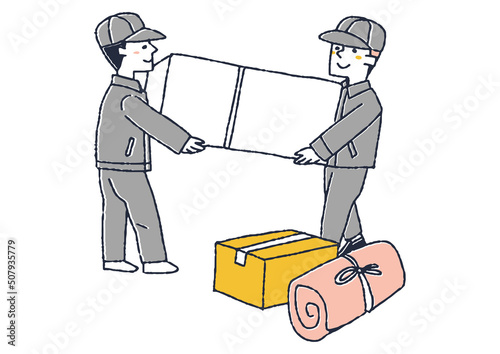 冷蔵庫など重いものを運ぶ引越し業者　コミカルな手書きの人物　ベクター、温かみのある線画