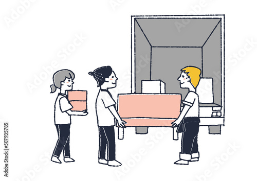 引越しトラックに荷物を乗せている人々　コミカルな手書きの人物　ベクター、温かみのある線画