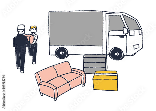 引越しトラックに家具や荷物を乗せている人々　コミカルな手書きの人物　ベクター、温かみのある線画