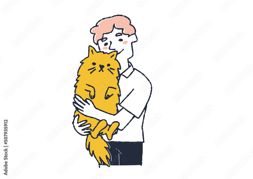 大きなペットの猫を愛している男性 動物の家族との幸せな時間 大きなペットの猫を愛している男性 動物の家族との幸せな時間