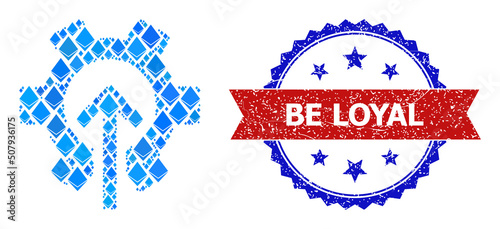 Blue ethereum mosaic gear integration icon, and bicolor rubber Be Loyal watermark. Ethereum related elements are united into abstract mosaic gear integration icon.