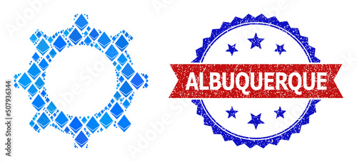Blue ethereum collage gear icon, and bicolor dirty Albuquerque seal stamp. Jevel related items are arranged into abstract mosaic gear icon.