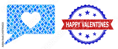 Blue gem composition love talk icon, and bicolor rubber Happy Valentines seal stamp. Jevel related items are united into abstract mosaic love talk icon.