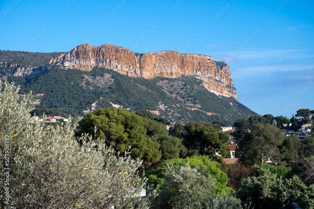 Panoramic view on red cliffs in Cassis, Provence, France