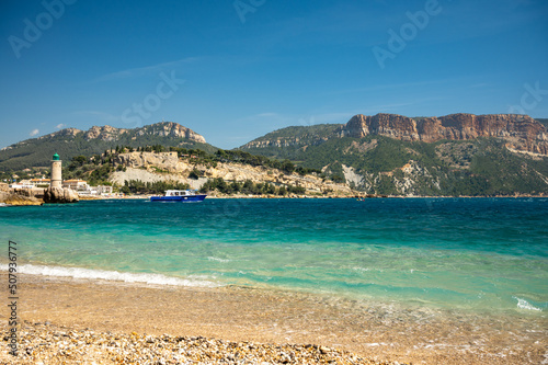 Panoramic view on cliffs, blue sea on Plage du Bestouan beach in Cassis, Provence, France © barmalini