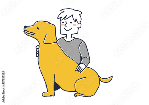 ペットの大型犬の体を撫でてやる男性　動物の家族との幸せな時間