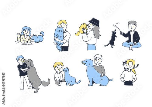 動物の家族との幸せな時間を過ごす人々　犬や猫などのペットは飼い主を幸せにする