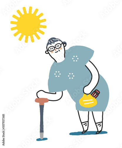 気持ちのいい夏の日、ひまわりの咲く街中に立つシニア　イラスト素材

