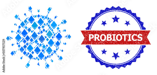 Blue crystal mosaic coronavirus icon, and bicolor scratched Probiotics seal stamp. Crystal related parts are united into abstract collage coronavirus icon.