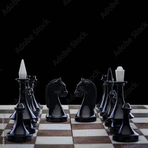 The set of chess pieces element, king, queen rook, bishop, knight, pawn standing on chessboard on dark background,